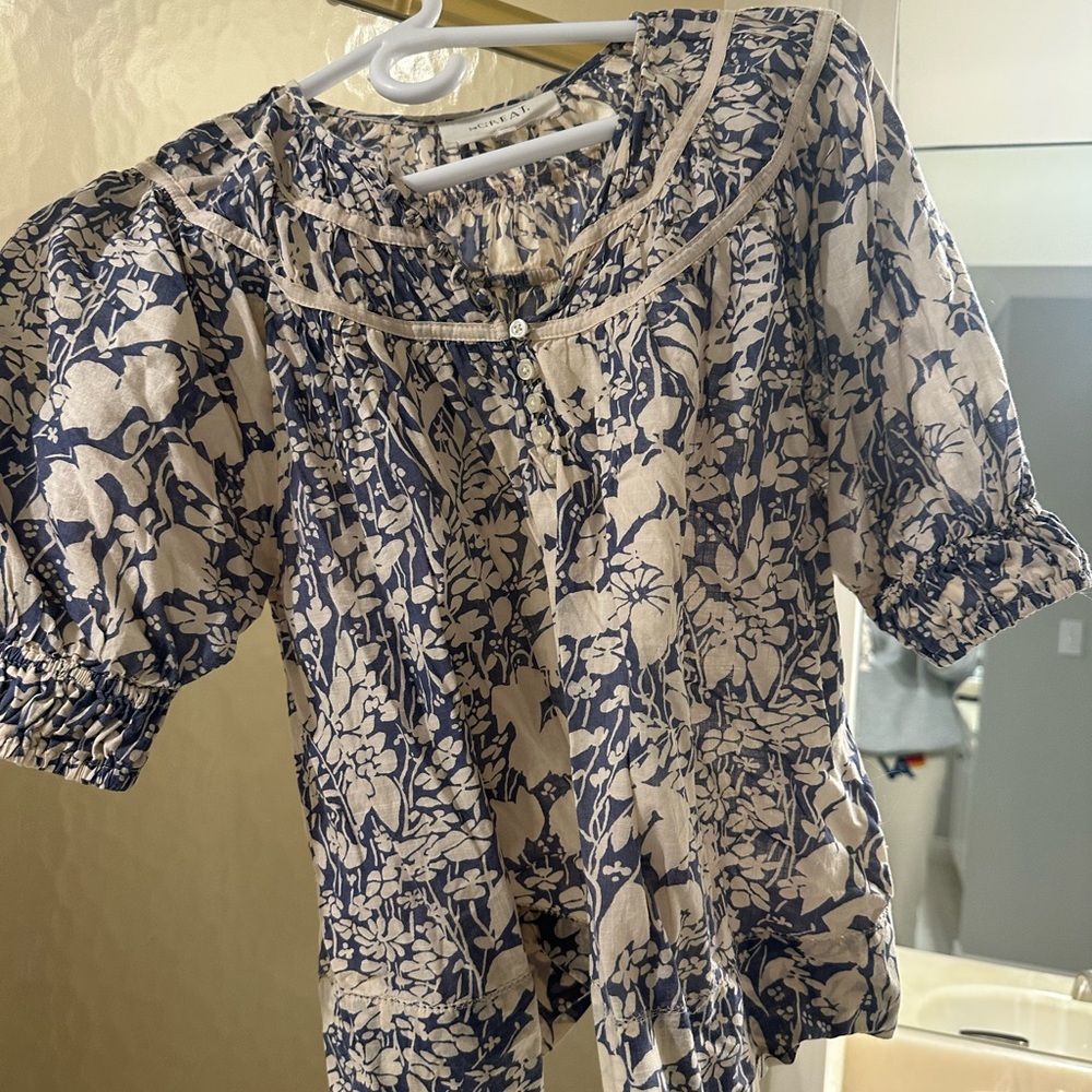 THE GREAT. Cream and Blue Patterned Top